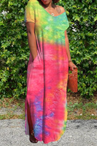 Green Casual Rainbow Patchwork Tie-dye Slit V Neck Straight Loose Maxi Dresses