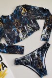 Zwarte Sexy Patchwork Tie-dye Rits Kraag Plus Maat Zwemkleding