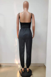 Schwarze Mode Sexy Solide mit Gürtel V-Ausschnitt Regular Jumpsuits