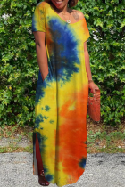 Orange Casual Rainbow Patchwork Tie-dye Slit V Neck Straight Loose Maxi Dresses