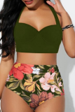 Army Green Sexy Vacation Print Bandage Backless Swimwears