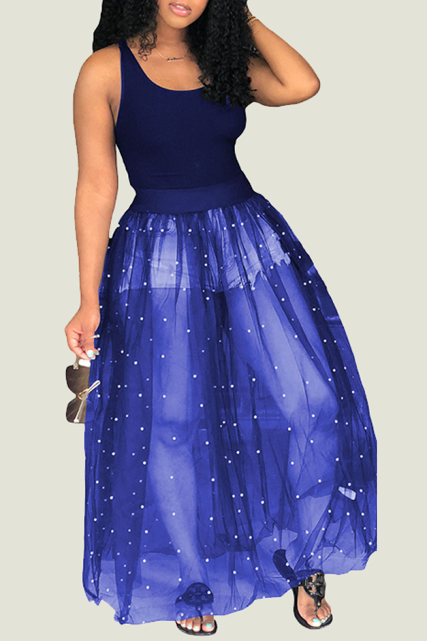 Синее короткое симпатичное свободное длинное клубное платье без рукавов с круглым вырезом