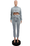 Grey Casual Solid Patchwork Hooded Collar Long Sleeve Regular Sleeve Short Two Pieces