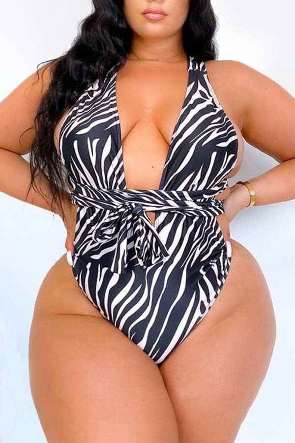 Zebra Sexy Animal Print Bandage Halter Plus Size Swimwear