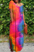 Pink Casual Rainbow Patchwork Tie-dye Slit V Neck Straight Loose Maxi Dresses