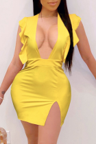 Vestidos de falda lápiz con cuello en V de patchwork liso sexy amarillo