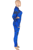 Pullover con stampa sexy blu mezzo dolcevita manica lunga in due pezzi