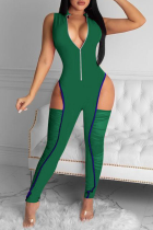 Зеленые сексуальные однотонные облегающие комбинезоны с отложным воротником в стиле пэчворк