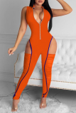 Rose Red Sexy Solid Patchwork Turndown Collar Skinny Jumpsuits