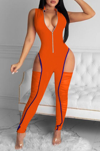 Orange Sexy Solid Patchwork Turndown Collar Skinny Jumpsuits