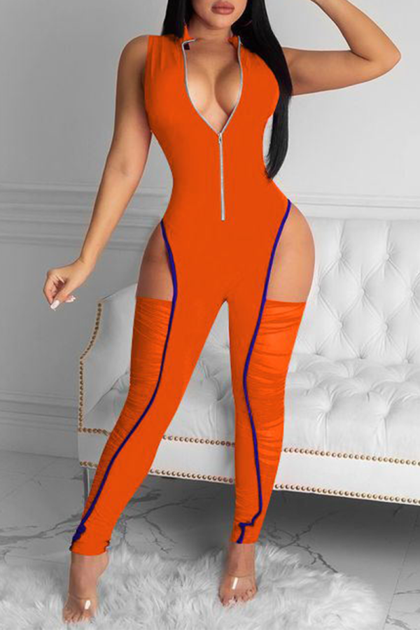 Oranje sexy effen patchwork skinny jumpsuits met omslagkraag