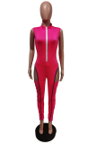Rose Red Sexy Solid Patchwork Turndown Collar Skinny Jumpsuits