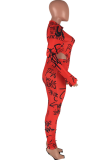 Roter Pullover mit sexy Aufdruck, ein halber Rollkragenpullover mit langen Ärmeln, zweiteilig