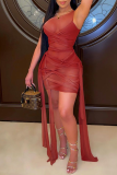 Vestidos de falda de lápiz con cuello redondo de malla sexy roja