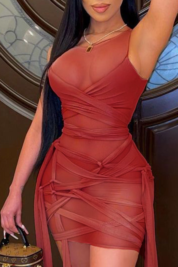 赤いセクシーなメッシュOネックペンシルスカートドレス