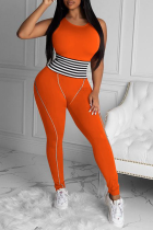Orange Sexy Striped Split Joint O Neck Skinny Jumpsuits