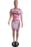 Pink Casual Print Patchwork O Neck Pencil Skirt Dresses