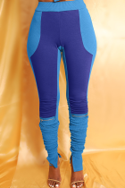 Синие повседневные облегающие однотонные брюки с цветными блоками и разрезом до середины талии