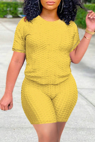 Yellow Casual Solid Patchwork O Neck Short Sleeve Two Pieces