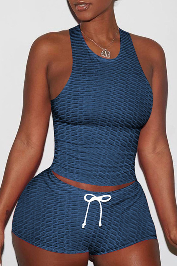 Bleu marine Sexy Sportswear solide Patchwork Spaghetti Strap sans manches deux pièces