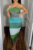Sky Blue Sexy Striped Patchwork Off the Shoulder Pencil Skirt Dresses