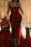 赤いセクシーなプリントチェーンスパゲッティストラップランタンスカートドレス