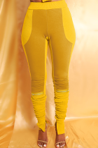 Lápis de cintura média com fenda amarela casual bloco de cor cor sólida