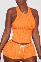 Oranje sexy sportkleding effen patchwork spaghettibandjes mouwloos tweedelig