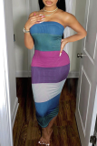 Vestidos de falda de tubo con hombros descubiertos de patchwork a rayas sexy azul cielo