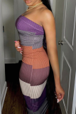 Purple Sexy Striped Patchwork Off the Shoulder Pencil Skirt Dresses