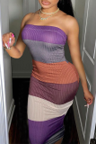 Purple Sexy Striped Patchwork Off the Shoulder Pencil Skirt Dresses