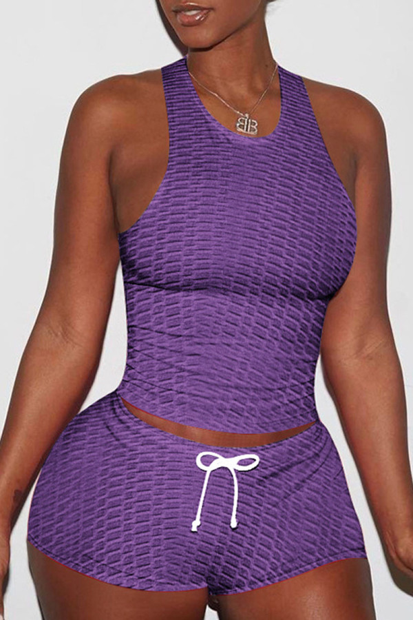Purple Sexy Sportswear Solid Patchwork Spaghetti Strap Sans Manches Deux Pièces