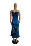 ブルーセクシープリントチェーンスパゲッティストラップランタンスカートドレス