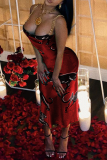 赤いセクシーなプリントチェーンスパゲッティストラップランタンスカートドレス