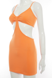 Orangefarbenes, sexy, solides Patchwork-Kleid mit Spaghettiträger und Sling-Kleid