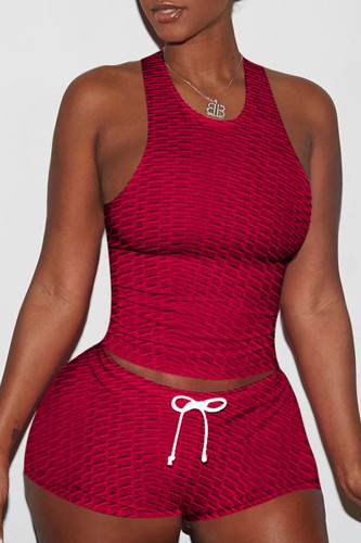 Burgundy Sexy Sportswear Solid Patchwork Spaghetti Strap Sleeveless Two Pieces
