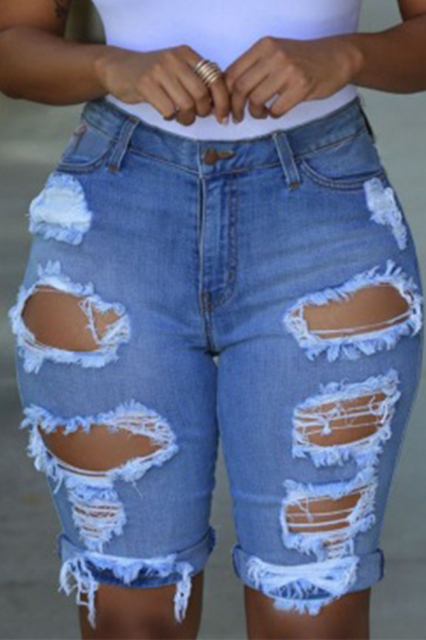 Short jeans azul escuro casual patchwork rasgado cintura média