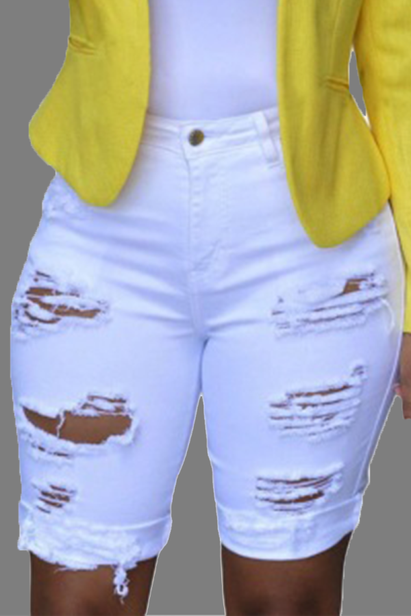 Short jeans branco casual com retalhos rasgado e cintura média