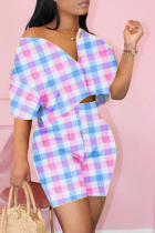 Blue Pink Casual Plaid Split Joint V Neck Short Sleeve Two Pieces