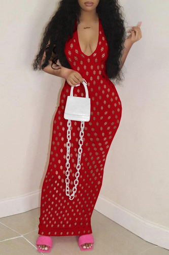 Red Sexy Solid Mesh U Neck Pencil Skirt Dresses