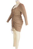 Antiek koperen sexy effen patchwork trekkoord vierkante kraag mini-jurk plus maten jurken
