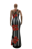 Red Fashion Spaghetti Strap Sleeveless Slip Sheath Floor-Length Paisley Print Floral Dresses