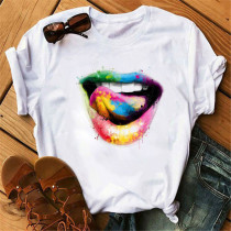 Color Fashion Casual Lippen gedruckt Basic O Neck Tops
