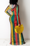 Meerkleurige sexy gestreepte mesh jurk met capuchon en kraag van mesh