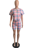 Blue Pink Casual Plaid Patchwork V Neck Short Sleeve Two Pieces