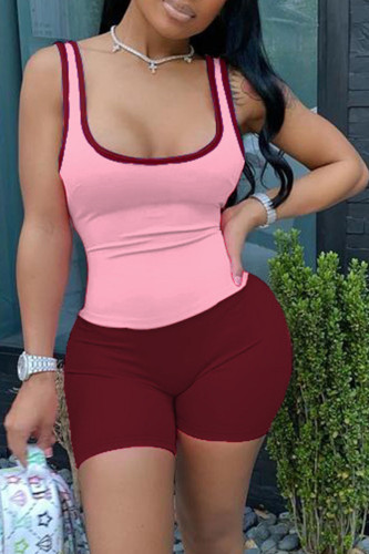Pink Sexy Sportswear Solid Split Joint Spaghetti Strap Sleeveless Two Pieces