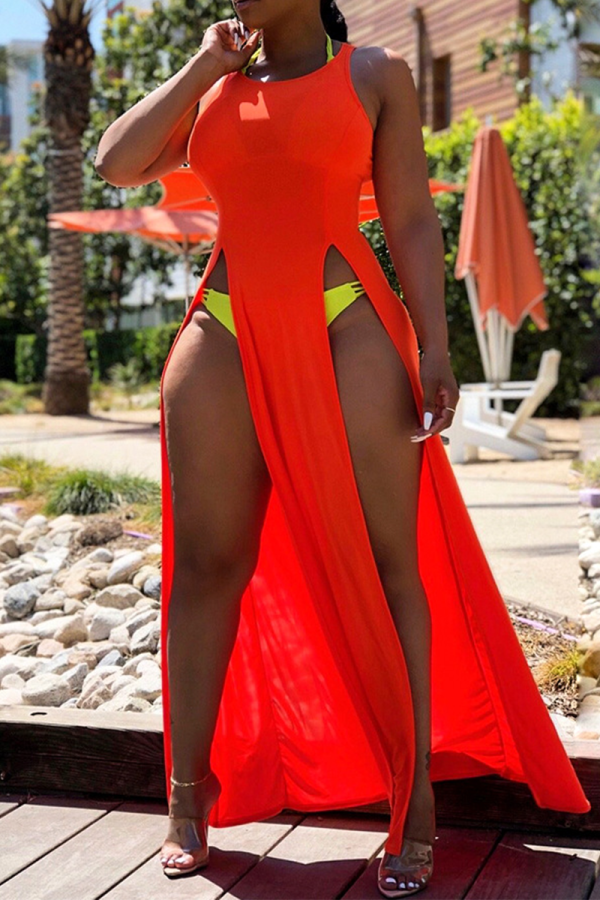 Tangerine Sexy effen hoge opening O-hals onregelmatige jurken