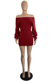 Burgundy Casual Solid Draw String Off the Shoulder Waist Skirt Dresses