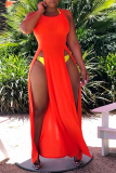 Tangerine Sexy effen hoge opening O-hals onregelmatige jurken