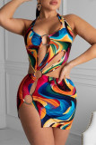 Trajes de banho multicoloridos moda sexy estampado vazado sem costas